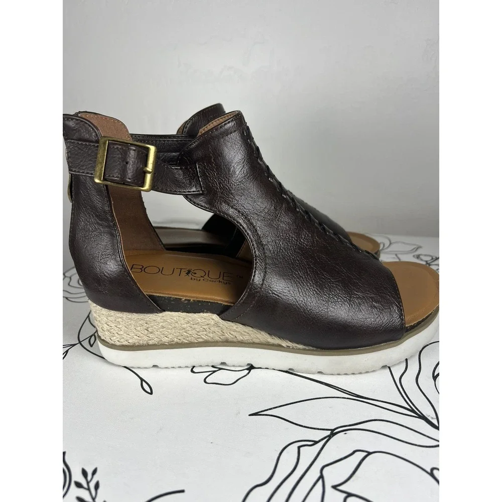 Corkys Boutique Sugar City Brown Leather Espadrille Wedge Zip Up Sandal Size 8